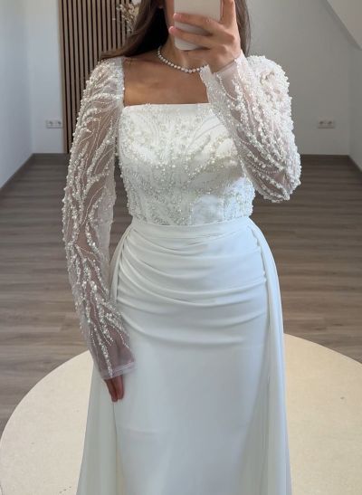 Elegant Square Neckline Sequins Long Sleeves Detachable Crepe Satin Evening Dresses