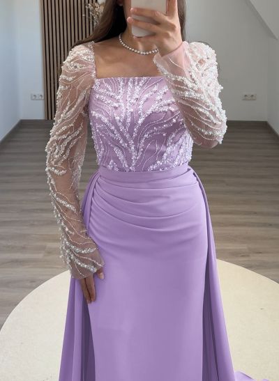 Elegant Square Neckline Sequins Long Sleeves Detachable Crepe Satin Evening Dresses