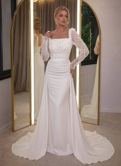Elegant Square Neckline Sequins Long Sleeves Detachable Crepe Satin Evening Dresses