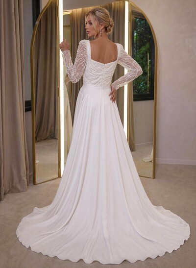 Elegant Square Neckline Sequins Long Sleeves Detachable Crepe Satin Evening Dresses