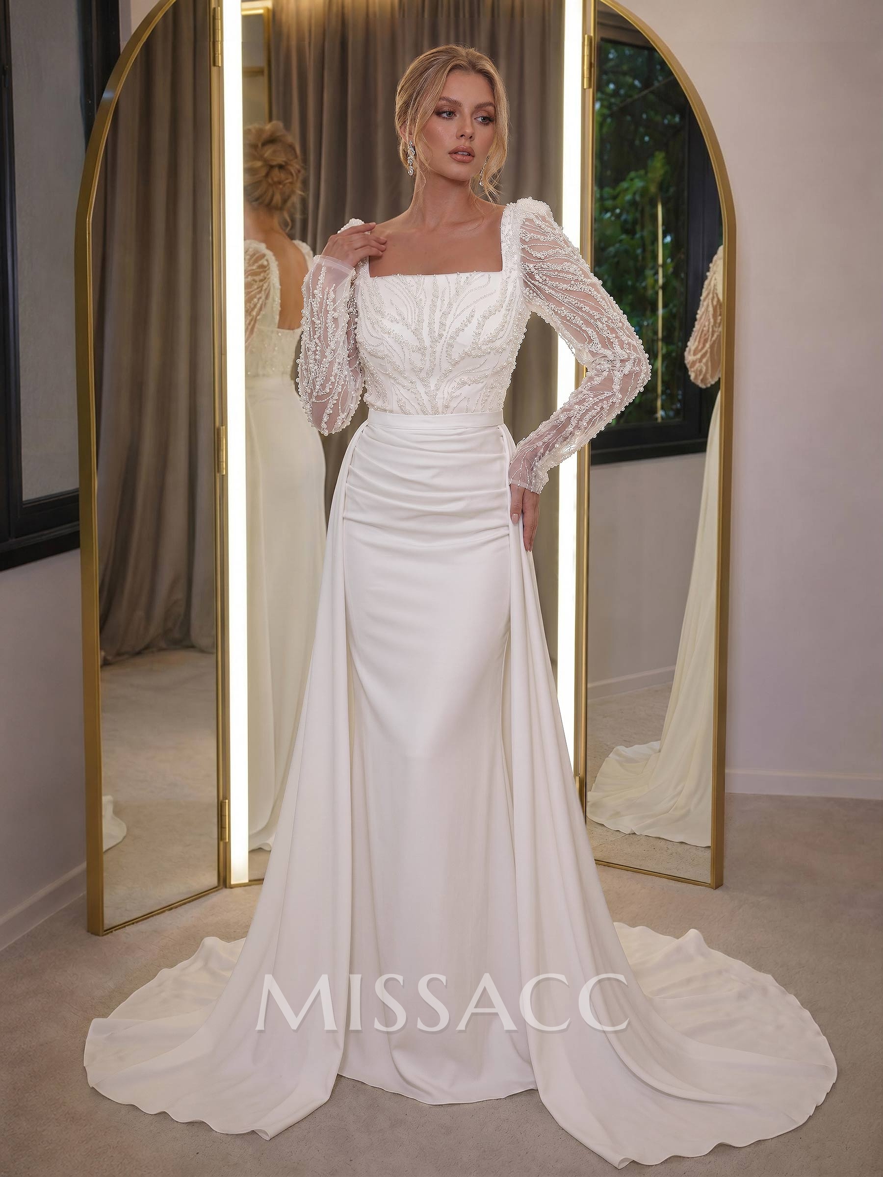Elegant Square Neckline Sequins Long Sleeves Detachable Crepe Satin Evening Dresses
