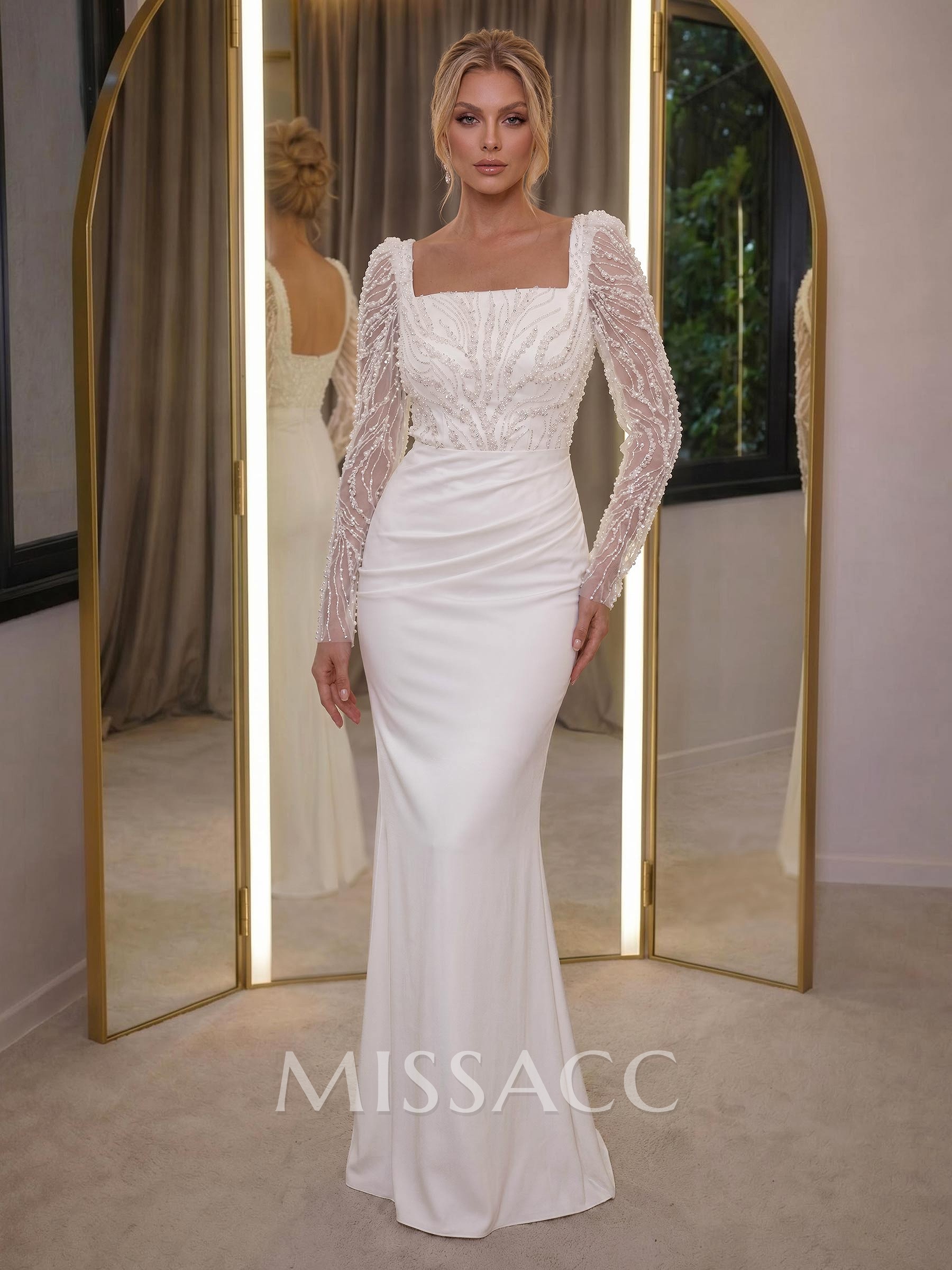 Elegant Square Neckline Sequins Long Sleeves Detachable Crepe Satin Evening Dresses