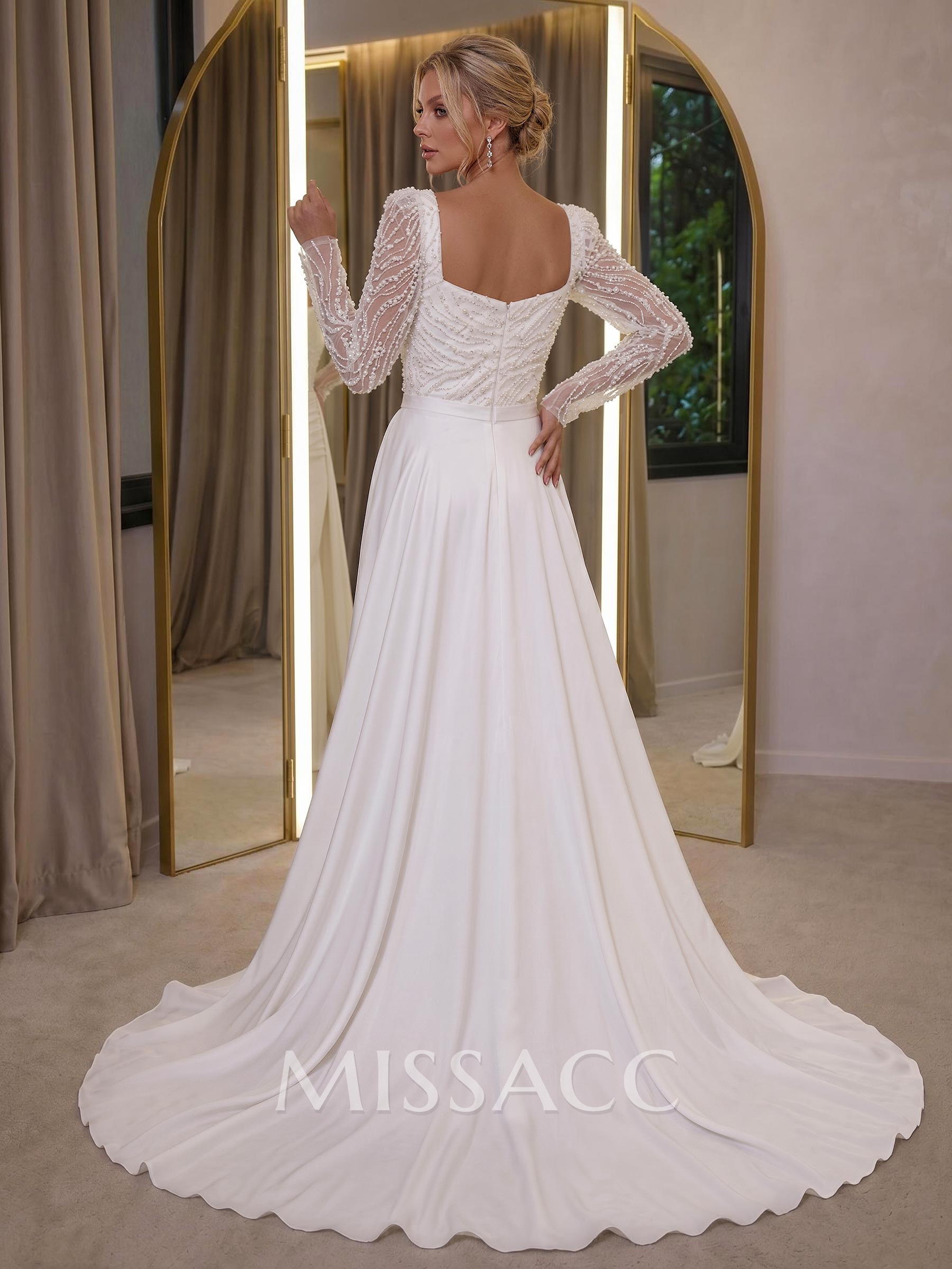 Elegant Square Neckline Sequins Long Sleeves Detachable Crepe Satin Evening Dresses