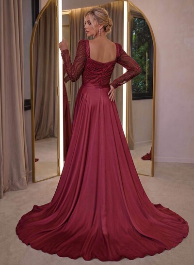 Elegant Square Neckline Sequins Long Sleeves Detachable Crepe Satin Evening Dresses