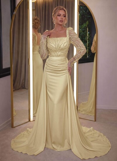 Elegant Square Neckline Sequins Long Sleeves Detachable Crepe Satin Evening Dresses
