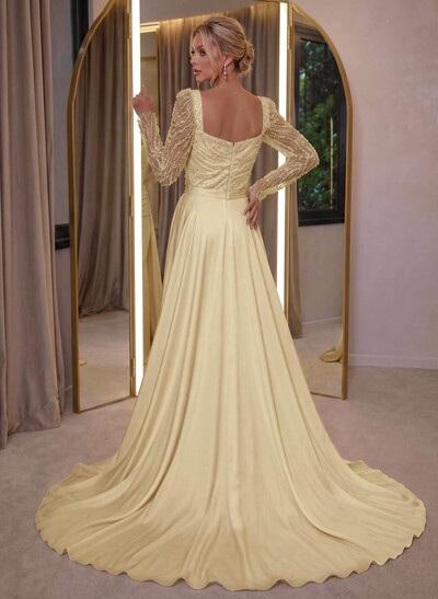Elegant Square Neckline Sequins Long Sleeves Detachable Crepe Satin Evening Dresses