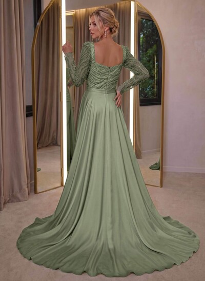 Elegant Square Neckline Sequins Long Sleeves Detachable Crepe Satin Evening Dresses