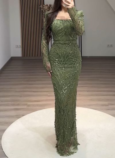 Sparkle & Shine Square Neckline Long Sleeves Back Slit Floor-Length Satin/Lace Evening Dresses