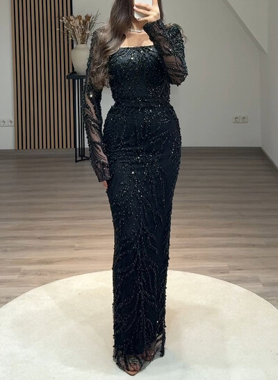Sparkle & Shine Square Neckline Long Sleeves Back Slit Floor-Length Satin/Lace Evening Dresses