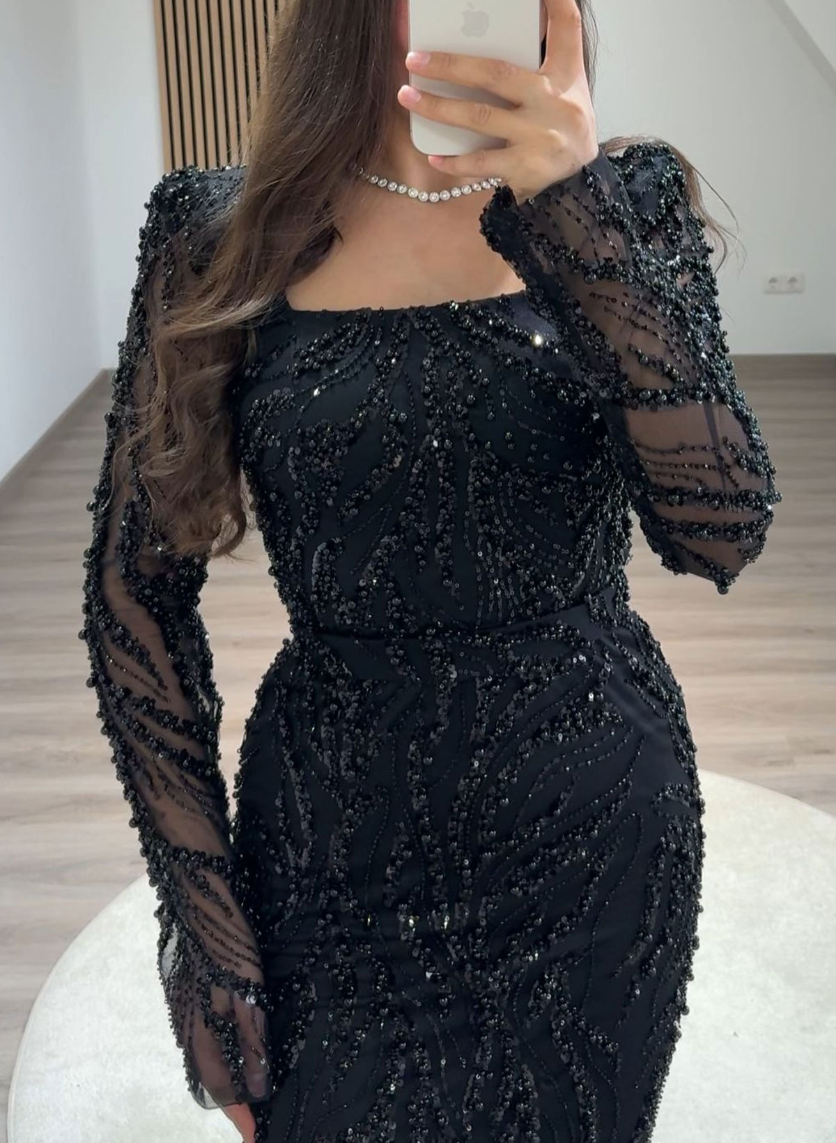 Sparkle & Shine Square Neckline Long Sleeves Back Slit Floor-Length Lace Evening Dresses