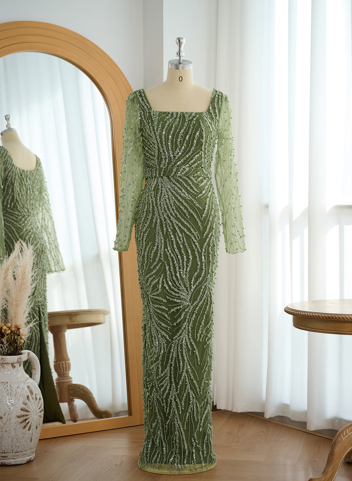 Sparkle & Shine Square Neckline Long Sleeves Back Slit Floor-Length Elastic Satin/Lace Evening Dresses