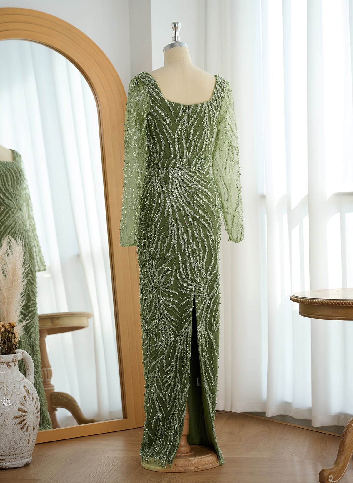 Sparkle & Shine Square Neckline Long Sleeves Back Slit Floor-Length Elastic Satin/Lace Evening Dresses