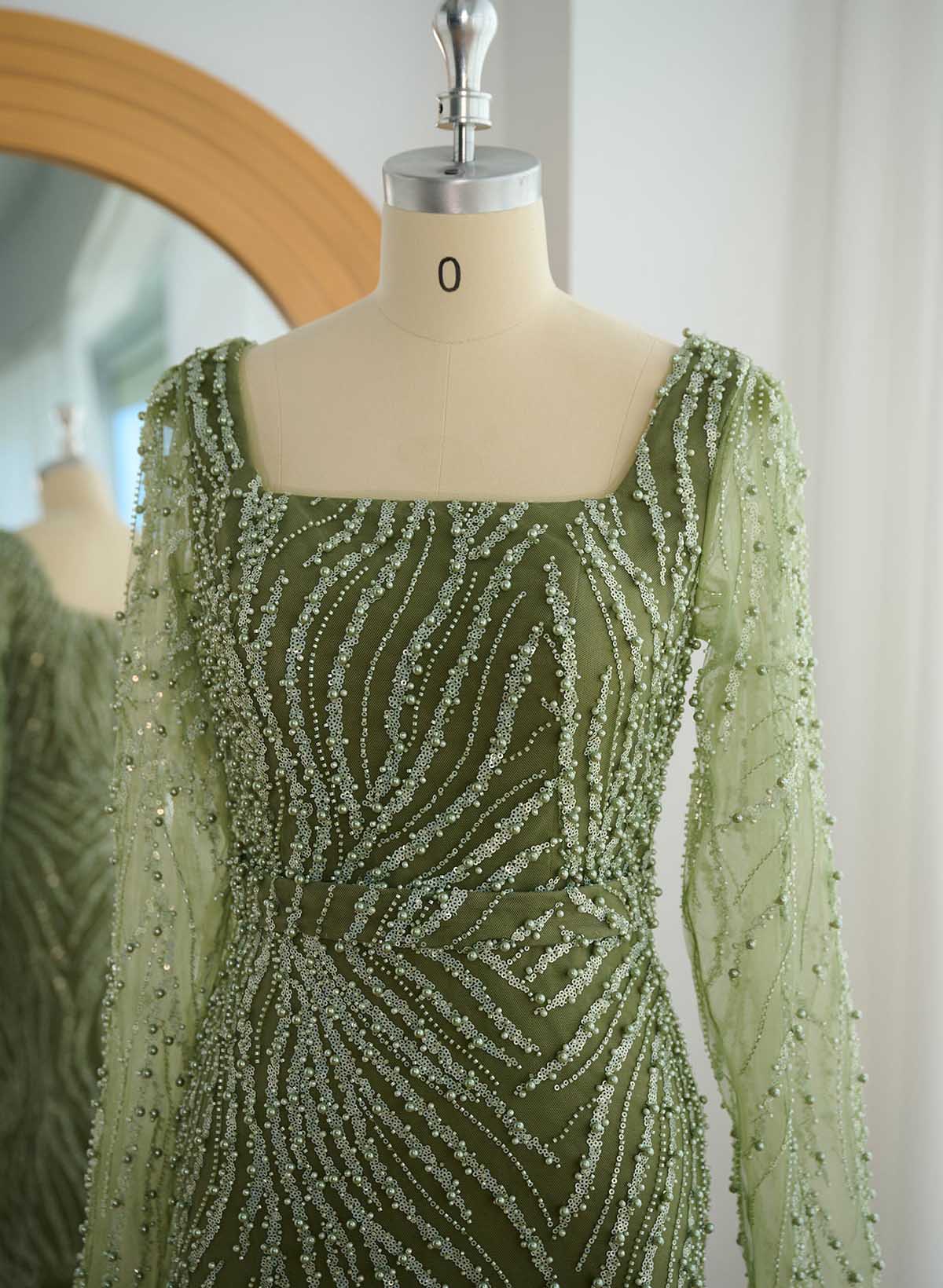 Sparkle & Shine Square Neckline Long Sleeves Back Slit Floor-Length Elastic Satin/Lace Evening Dresses