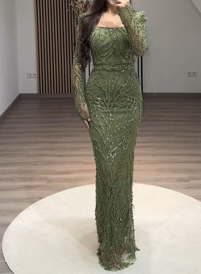 Sparkle & Shine Square Neckline Long Sleeves Back Slit Floor-Length Elastic Satin/Lace Evening Dresses