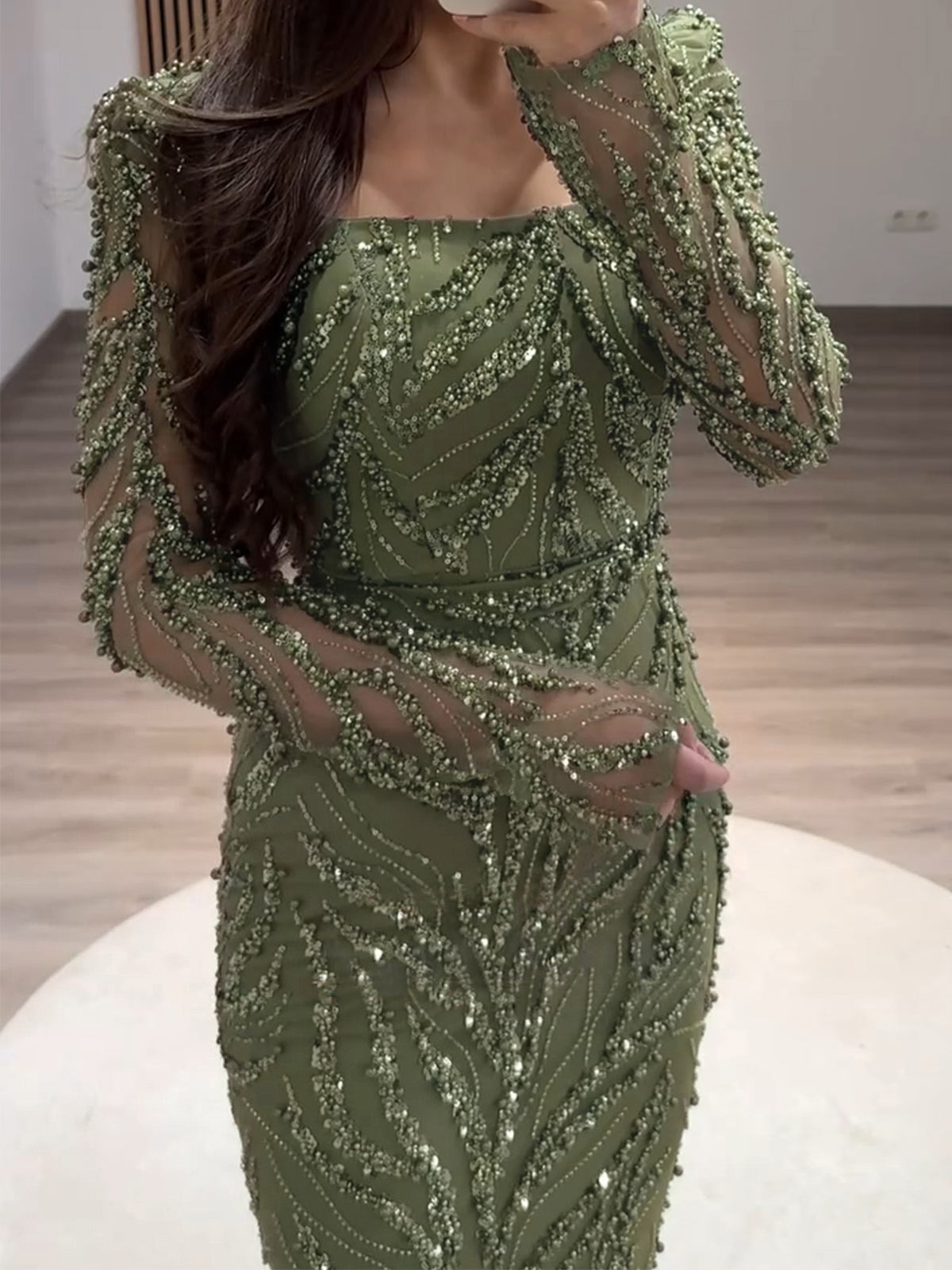 Sparkle & Shine Square Neckline Long Sleeves Back Slit Floor-Length Elastic Satin/Lace Evening Dresses