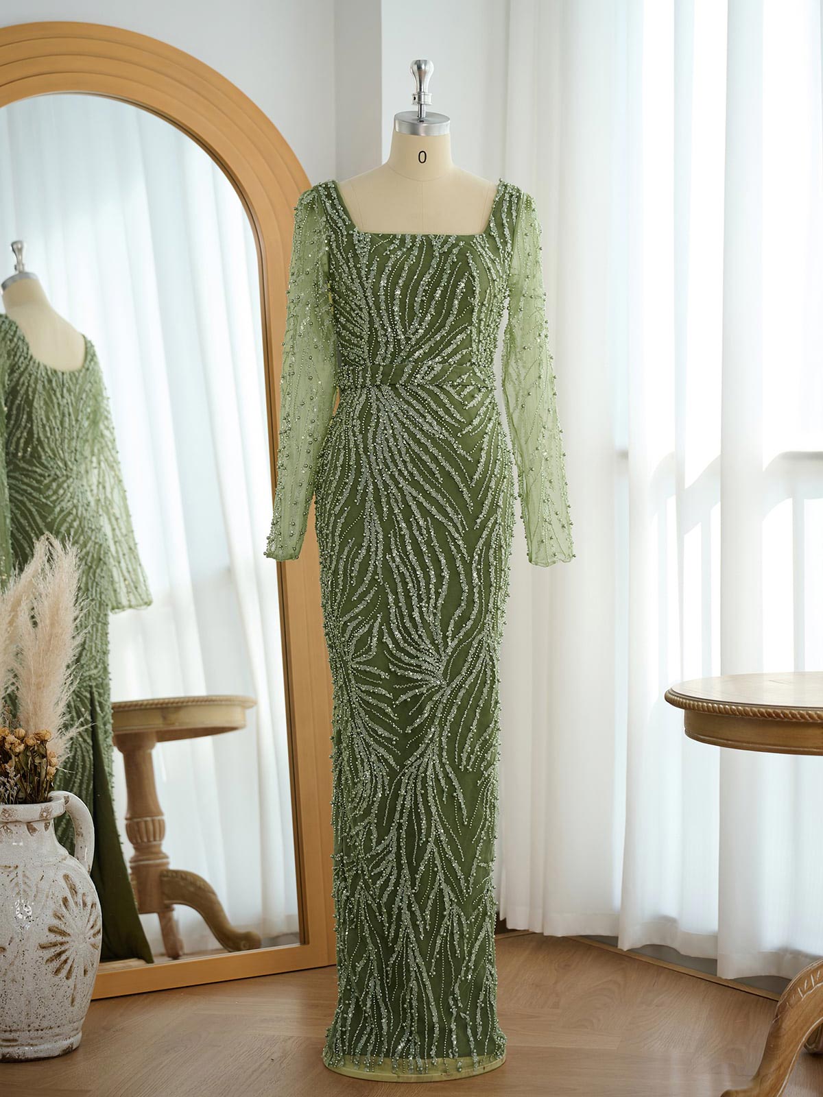 Sparkle & Shine Square Neckline Long Sleeves Back Slit Floor-Length Elastic Satin/Lace Evening Dresses