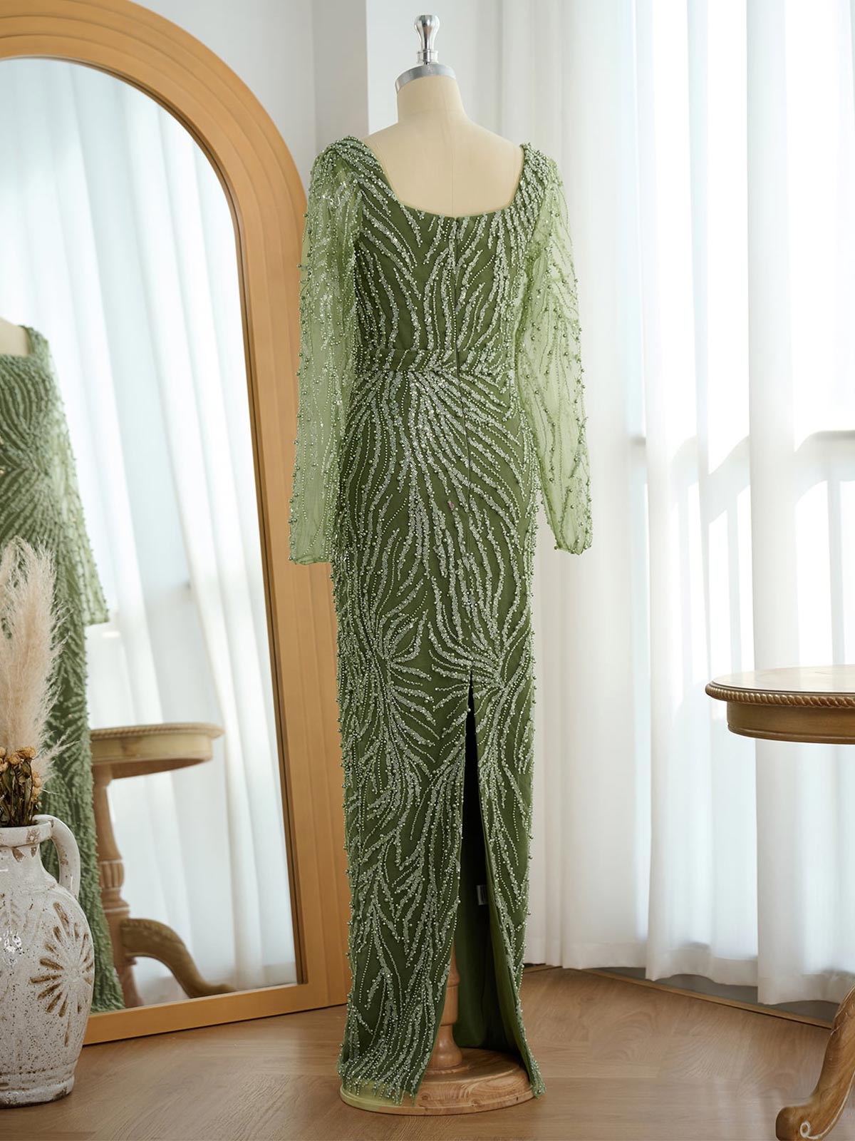 Sparkle & Shine Square Neckline Long Sleeves Back Slit Floor-Length Elastic Satin/Lace Evening Dresses