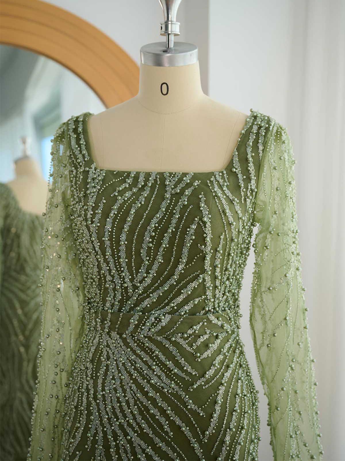 Sparkle & Shine Square Neckline Long Sleeves Back Slit Floor-Length Elastic Satin/Lace Evening Dresses