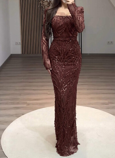 Sparkle & Shine Square Neckline Long Sleeves Back Slit Floor-Length Lace Evening Dresses