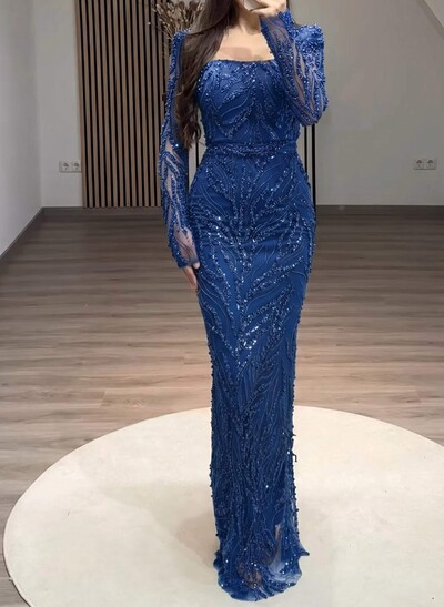 Sparkle & Shine Square Neckline Long Sleeves Back Slit Floor-Length Lace Evening Dresses