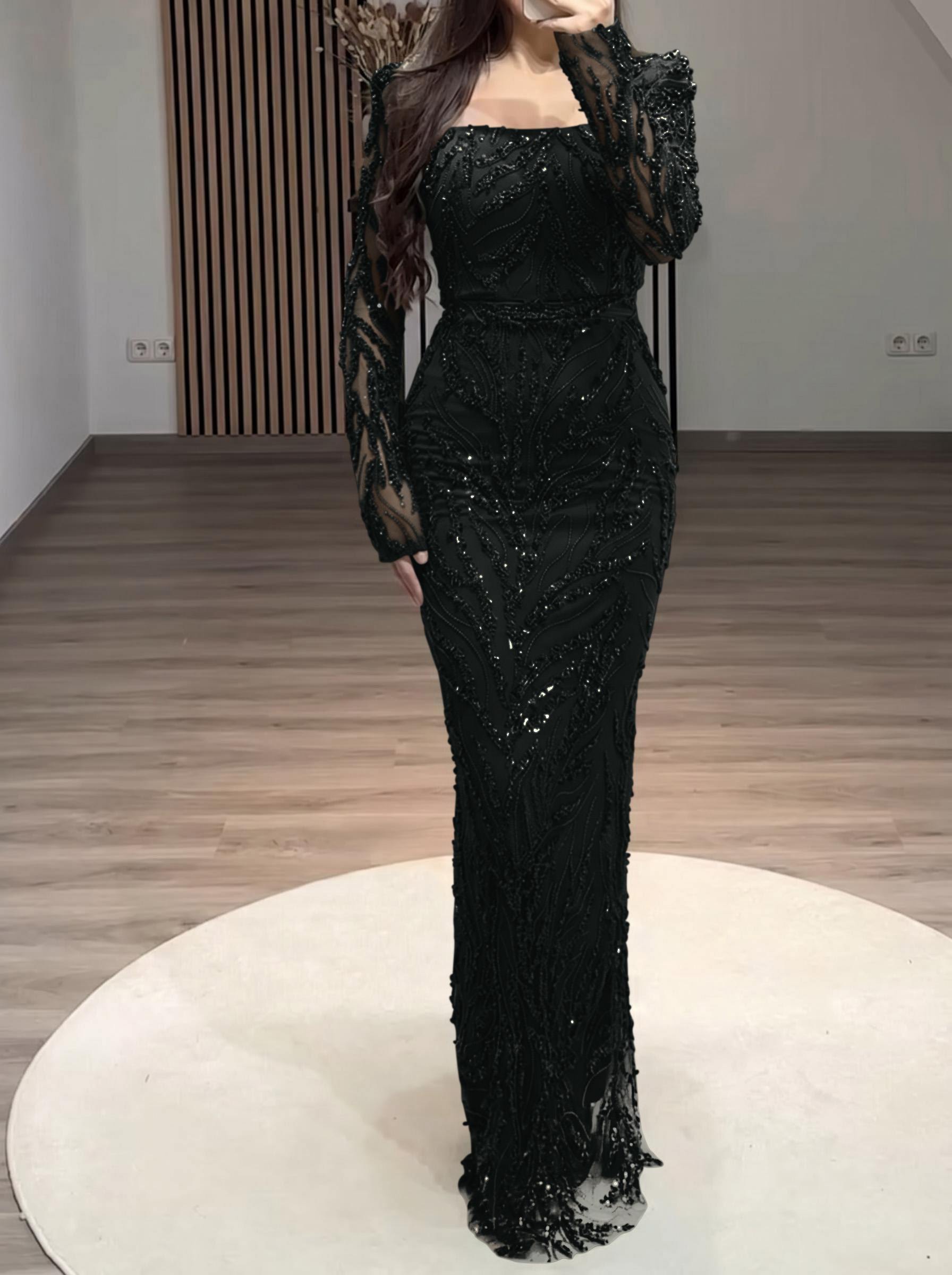 Sparkle & Shine Square Neckline Long Sleeves Back Slit Floor-Length Lace Evening Dresses