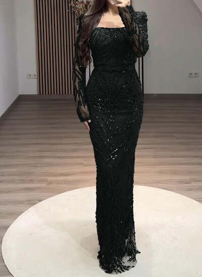 Sparkle & Shine Square Neckline Long Sleeves Back Slit Floor-Length Lace Evening Dresses