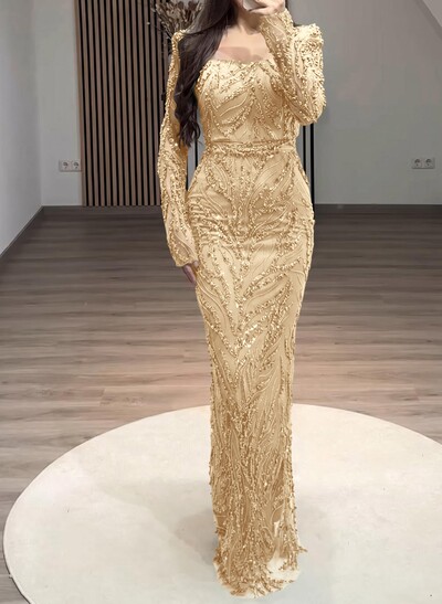 Sparkle & Shine Square Neckline Long Sleeves Back Slit Floor-Length Lace Evening Dresses