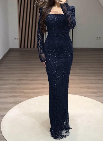 Sparkle & Shine Square Neckline Long Sleeves Back Slit Floor-Length Lace Evening Dresses