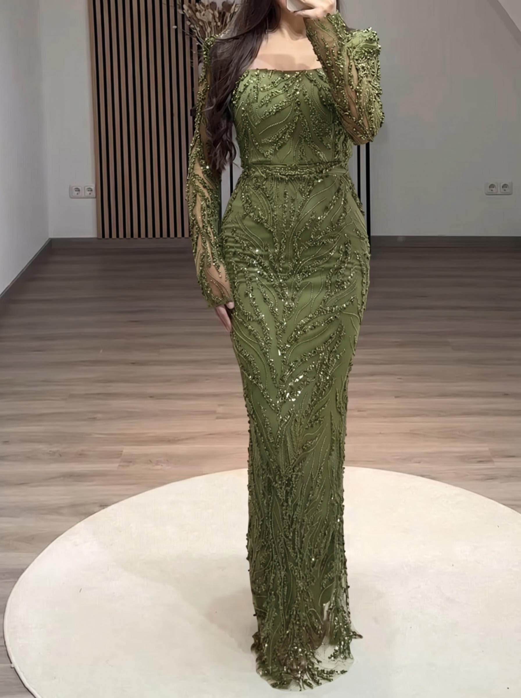 Sparkle & Shine Square Neckline Long Sleeves Back Slit Floor-Length Lace Evening Dresses Sparkle & Shine Square Neckline Long Sleeves Back Slit Floor-Length Lace Evening Dresses