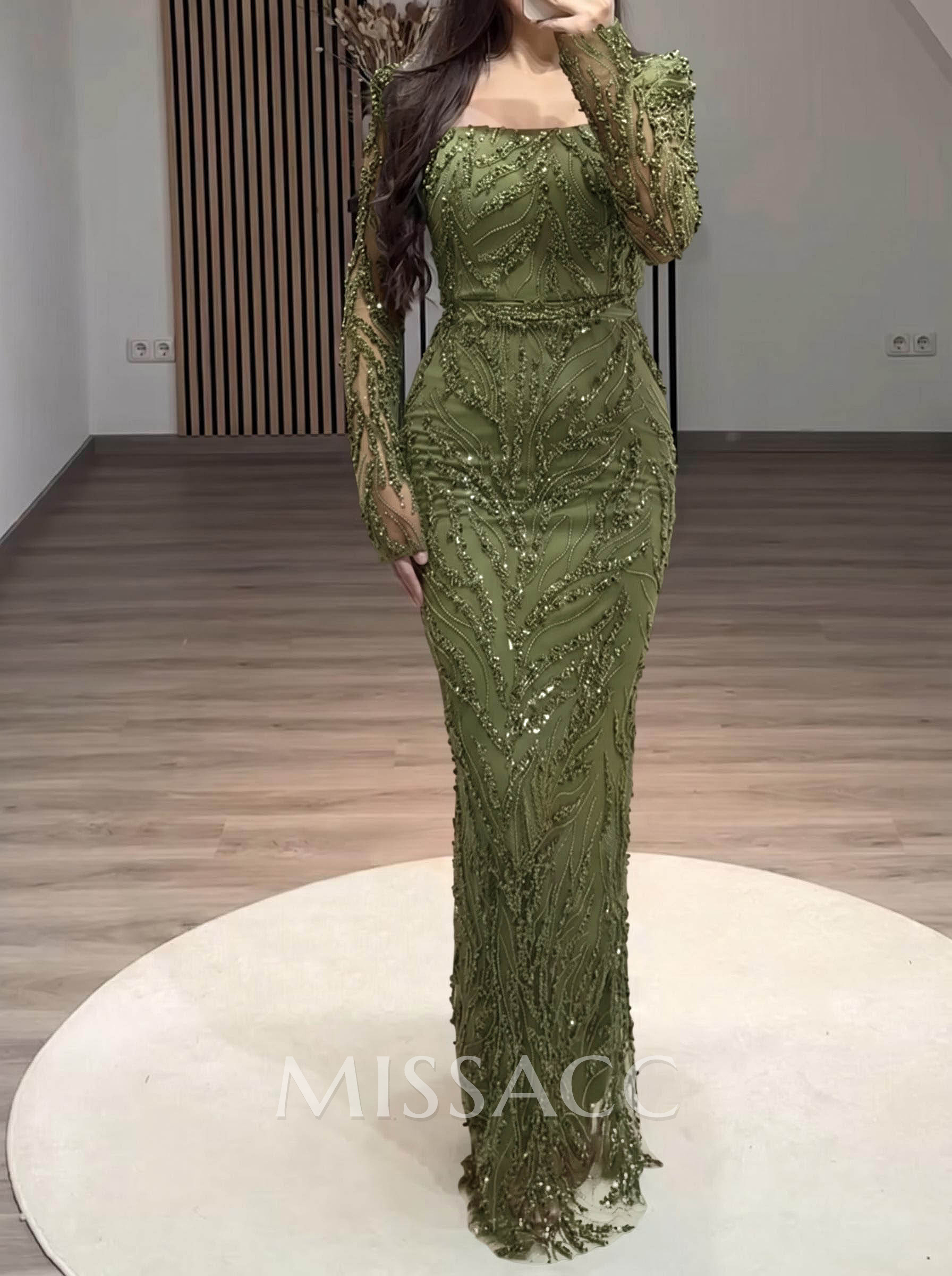 Sparkle & Shine Square Neckline Long Sleeves Back Slit Floor-Length Lace Evening Dresses Sparkle & Shine Square Neckline Long Sleeves Back Slit Floor-Length Lace Evening Dresses