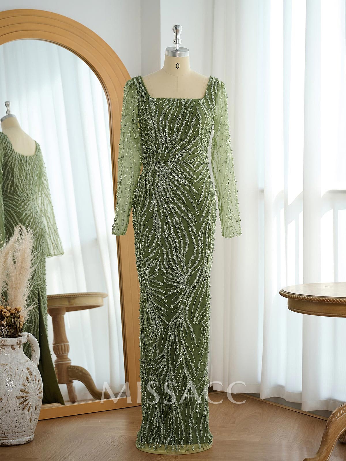 Sparkle & Shine Square Neckline Long Sleeves Back Slit Floor-Length Lace Evening Dresses Sparkle & Shine Square Neckline Long Sleeves Back Slit Floor-Length Lace Evening Dresses