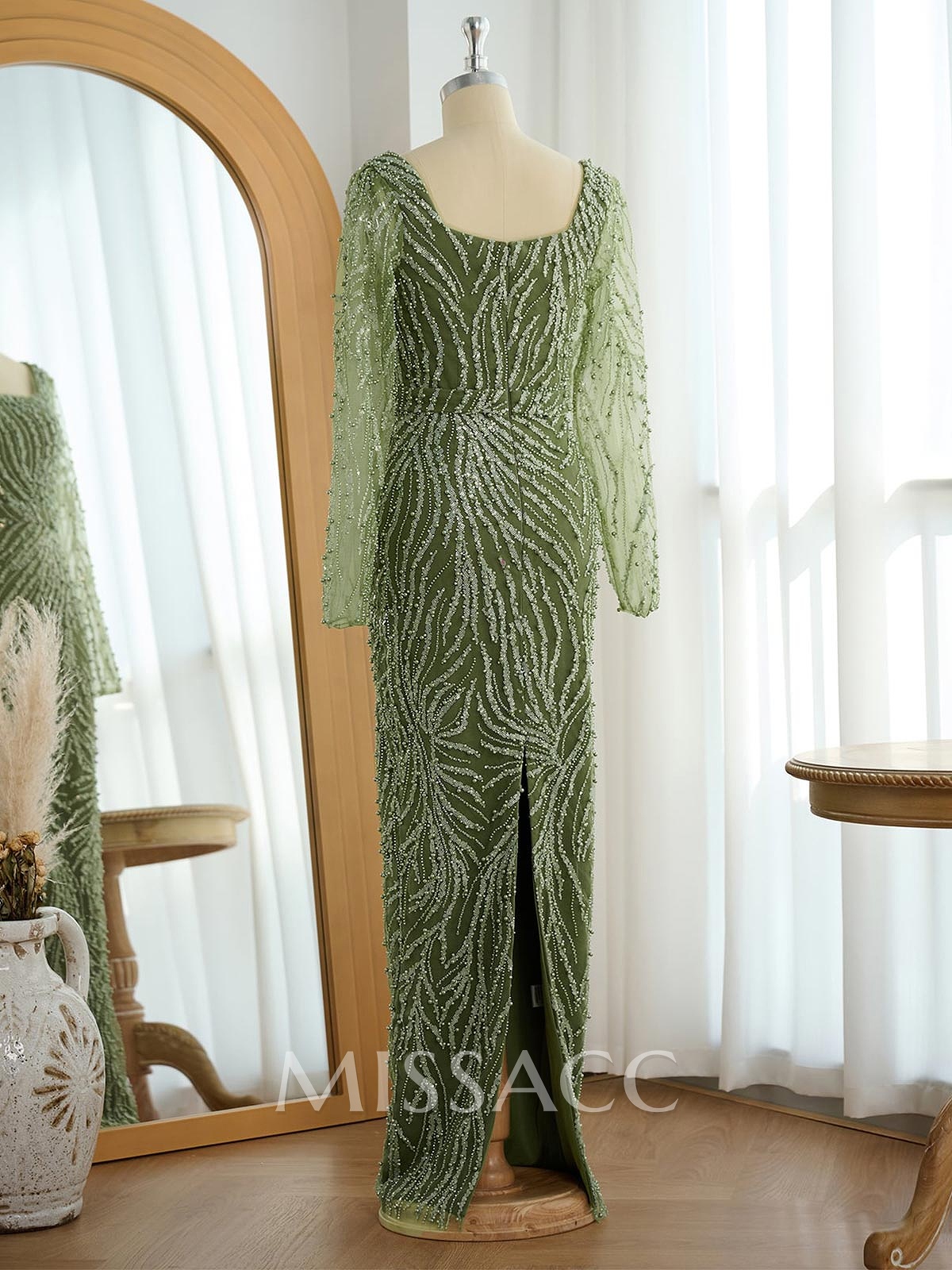 Sparkle & Shine Square Neckline Long Sleeves Back Slit Floor-Length Lace Evening Dresses Sparkle & Shine Square Neckline Long Sleeves Back Slit Floor-Length Lace Evening Dresses