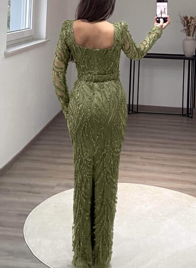 Sparkle & Shine Square Neckline Long Sleeve Back Slit Floor-Length Lace Evening Gowns