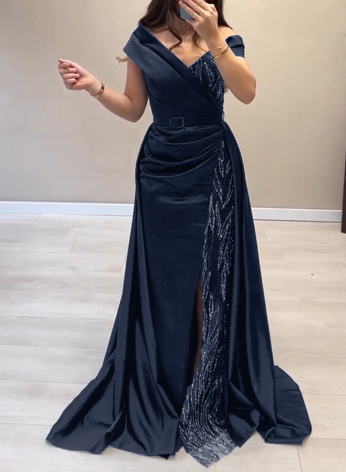 Elegant Off-The-Shoulder Split Front Sweep Train Lace Matte Satin Evening Dresses