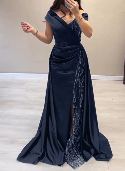 Elegant Off-The-Shoulder Split Front Sweep Train Lace Matte Satin Evening Dresses