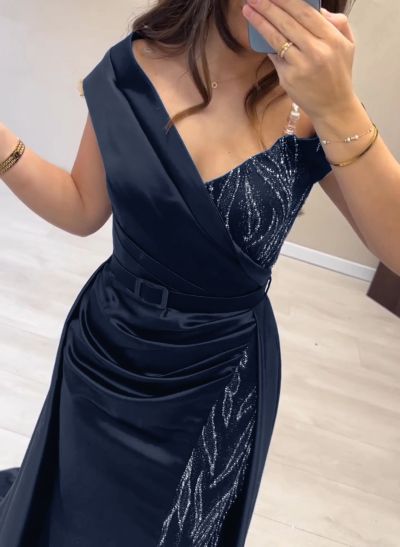 Elegant Off-The-Shoulder Split Front Sweep Train Lace Matte Satin Evening Dresses