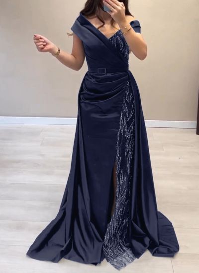 Elegant Off-The-Shoulder Split Front Sweep Train Lace Acetate Satin Evening Dresses