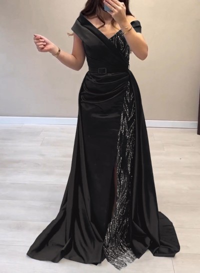 Elegant Off-The-Shoulder Split Front Sweep Train Lace Acetate Satin Evening Dresses