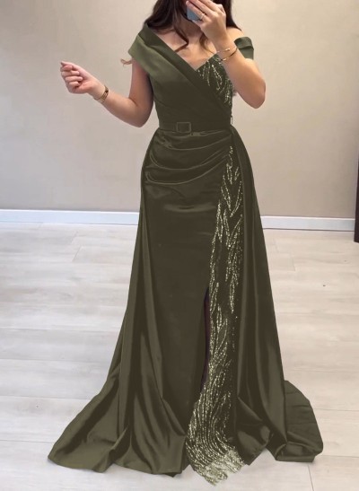 Elegant Off-The-Shoulder Split Front Sweep Train Lace Acetate Satin Evening Dresses
