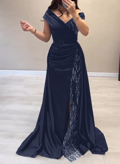 Elegant Off-The-Shoulder Split Front Sweep Train Lace Acetate Satin Evening Dresses