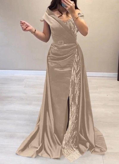 Elegant Off-The-Shoulder Split Front Sweep Train Lace Acetate Satin Evening Dresses