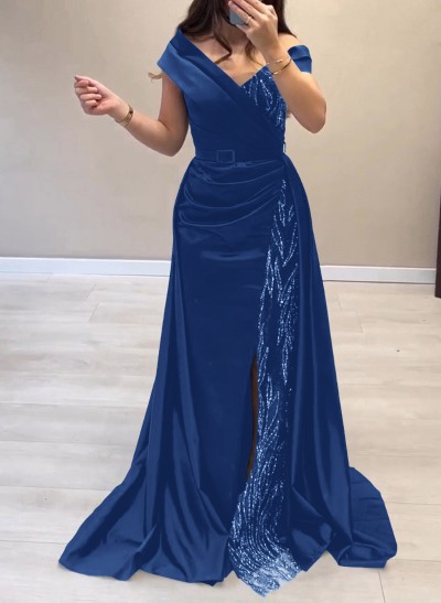 Elegant Off-The-Shoulder Split Front Sweep Train Lace Acetate Satin Evening Dresses