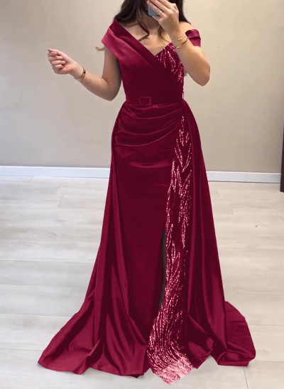 Elegant Off-The-Shoulder Split Front Sweep Train Lace Acetate Satin Evening Dresses