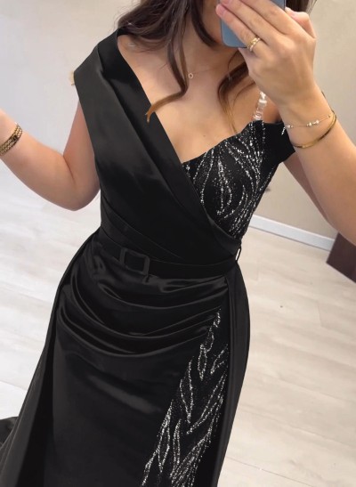 Elegant Off-The-Shoulder Split Front Sweep Train Lace Acetate Satin Evening Dresses
