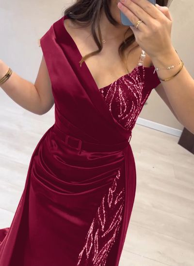 Elegant Off-The-Shoulder Split Front Sweep Train Lace Acetate Satin Evening Dresses