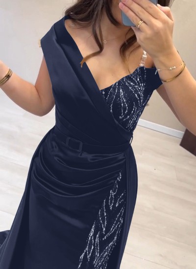 Elegant Off-The-Shoulder Split Front Sweep Train Lace Acetate Satin Evening Dresses