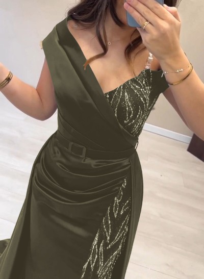 Elegant Off-The-Shoulder Split Front Sweep Train Lace Acetate Satin Evening Dresses