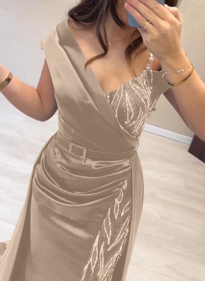 Elegant Off-The-Shoulder Split Front Sweep Train Lace Acetate Satin Evening Dresses