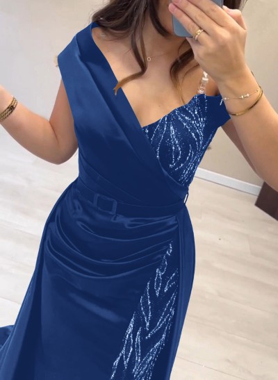 Elegant Off-The-Shoulder Split Front Sweep Train Lace Acetate Satin Evening Dresses