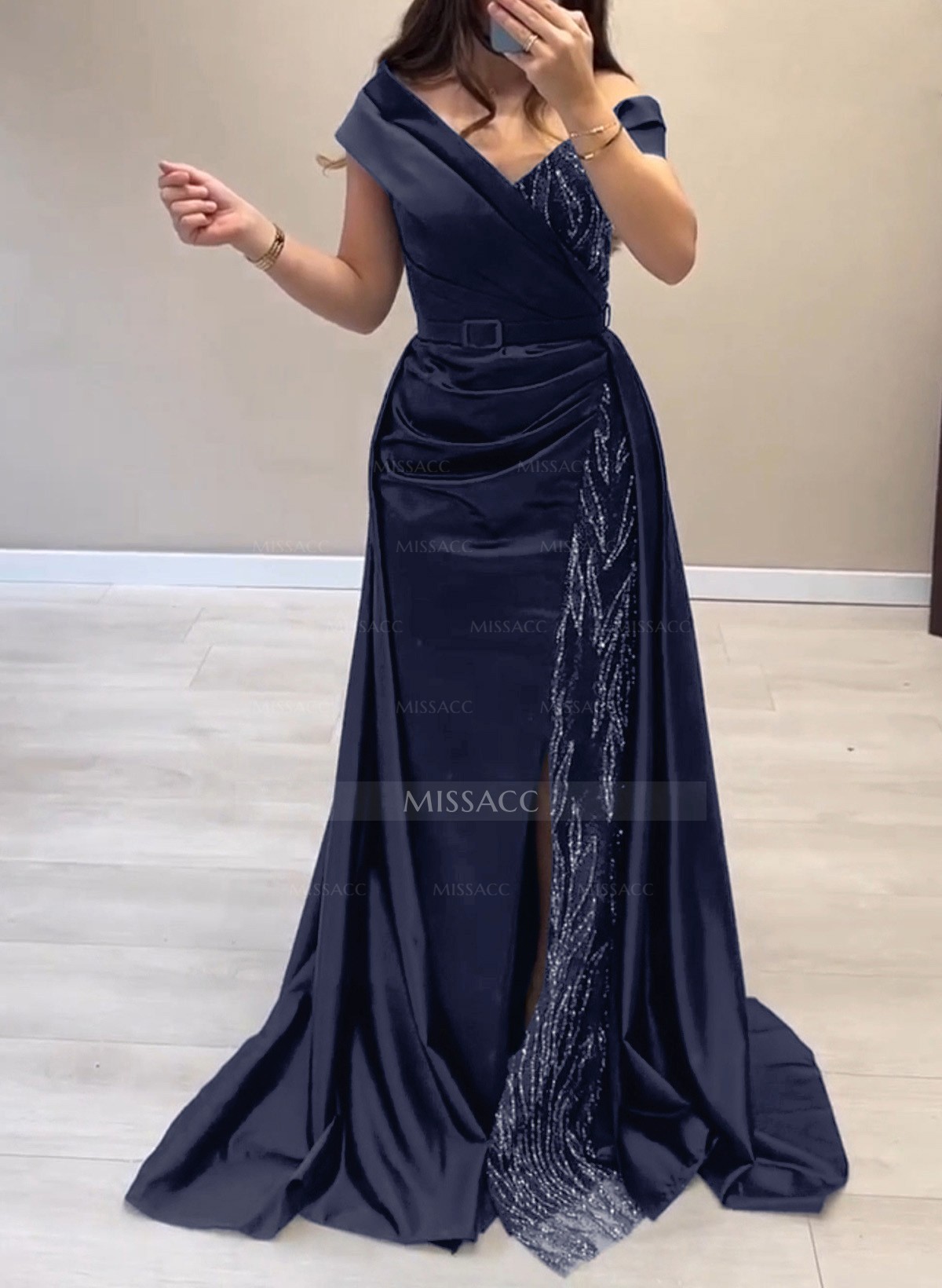 Elegant Off-The-Shoulder Split Front Sweep Train Lace Acetate Satin Evening Dresses